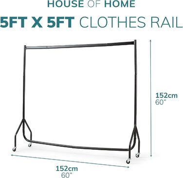 House of Home Robust Metal Clothes Rail with Wheels – 1-Tier Replacement for a Wardrobe with a Single Rail – Clothes Rack for Hanging – Storage