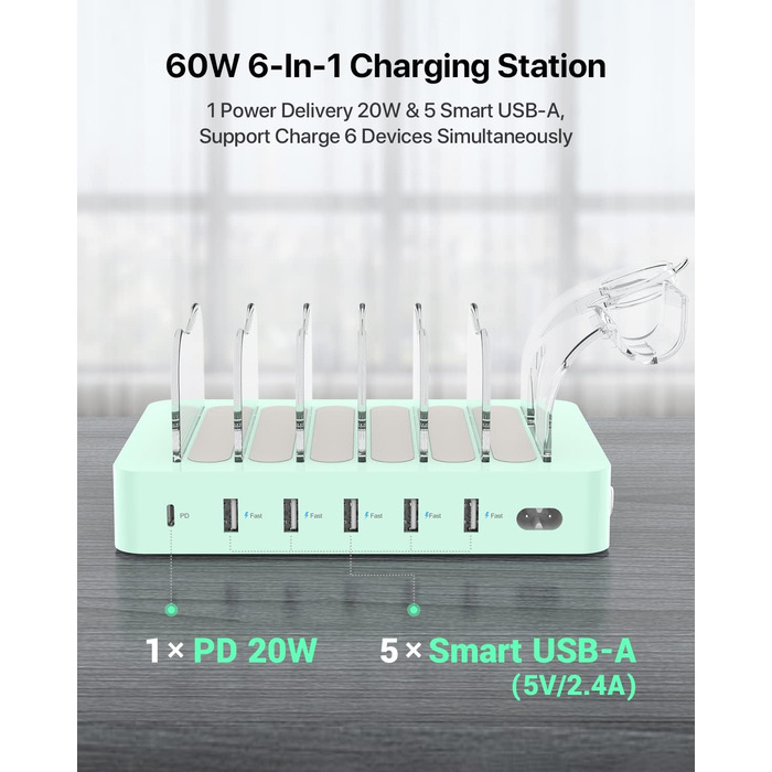 Зарядна станція SooPii USB 60W/12A, 6 портів, органайзер для декількох пристроїв з тримачем для Apple Watch, 6 кабелів для телефонів, планшетів та інших електронних пристроїв. Зелена