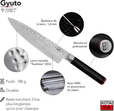Професійний кухонний ніж KOTAI Gyuto 20 см, японський стиль, ручна робота, ультрашарпий 440C нержавіючий метал