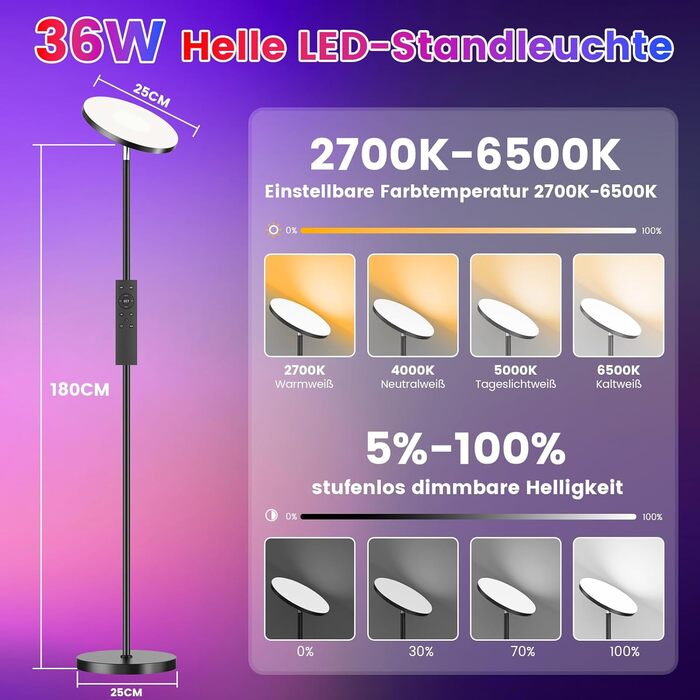 LED-підлогова лампа для вітальні з регулюванням яскравості та RGB-підсвічуванням, 42W, 4200LM, з читацькою лампою та пультом дистанційного керування