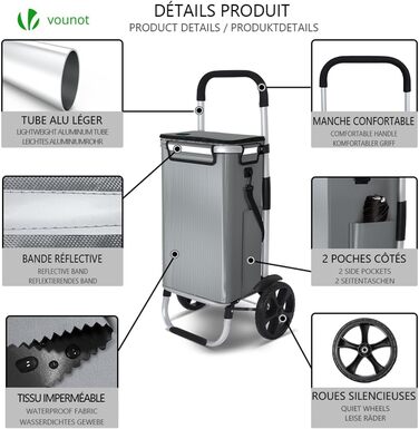 Складний алюмінієвий візок для покупок VOUNOT 50 л, водонепроникна сумка з термовідділенням, 2 великі колеса з захистом, для сходів, сірий