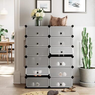 SONGMICS Plastic Shoe Rack, Shelf System, Stackable Shelf, Storage Shelf, Wardrobe, Shoe Storage, Metal Wire, 83 x 31 x 105 cm, White LPC26W (12 Compartments (83 cm wide), Black)