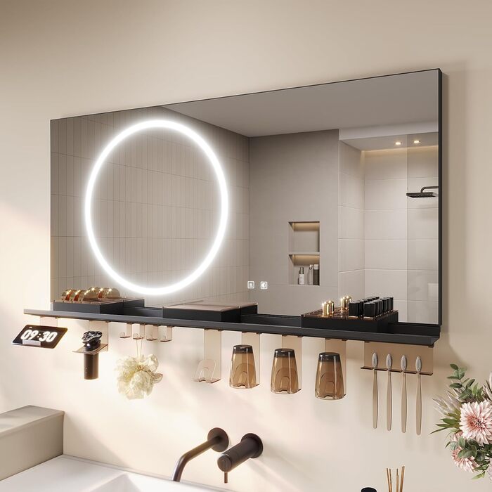 Дзеркало для ванної кімнати SONNI з підсвічуванням 120x60 см, 3 кольори світла, антизапар, годинник, температура, LED, сенсорне управління, білий