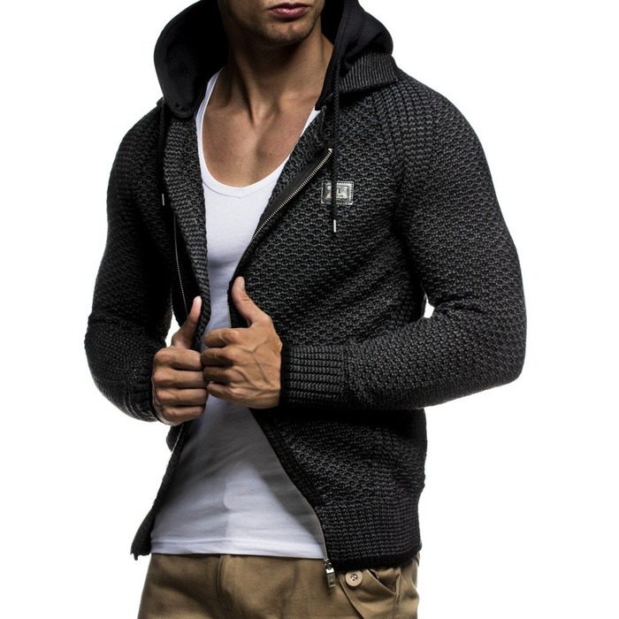 Чоловіча в'язана куртка Leif Nelson з відстібаною капюшоном та блискавкою - чоловіча кардиган з трикотажу для зими та літа (XXL, Чорний Антрацит)