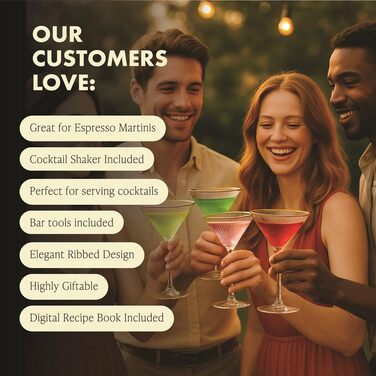 Набір для коктейлів Vemacity: шейкер (500 мл) + 2 келихи Еспресо Мартіні з золотим обідком, барна ложка, джиггер | Набір бармена | Келихи та шейкер для коктейлів | Ідеальний подарунок на Різдво та Новий рік. Золотий шейкер, класичні келихи Мартіні з рифле