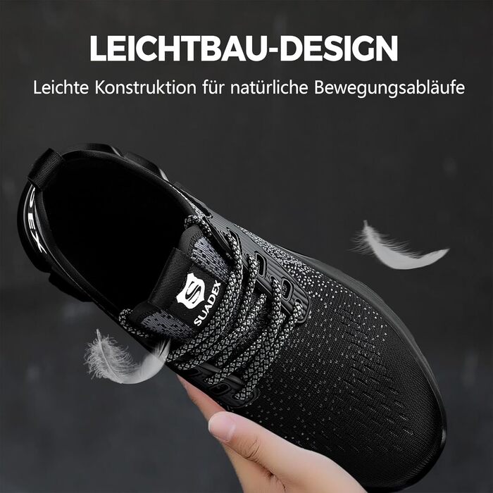 Зручні робочі черевики SUADEX з металевим носком для чоловіків та жінок, дихаючі, розміри 37-48 EU, чорний