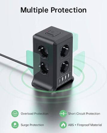 Багаторозкладна мережева панель Sameriver 8-fach з вимикачем, 4 USB, захист від перенапруги, 2м кабель, чорний