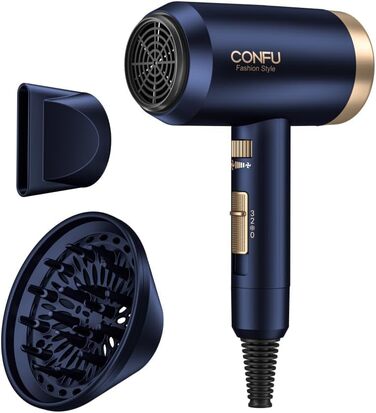 Іонізатор для волосся Föhn, 1800W, з насадкою-дифузором, 3 режими температури, безліч налаштувань швидкості, портативний фен, Marineblau (морський блакитний)