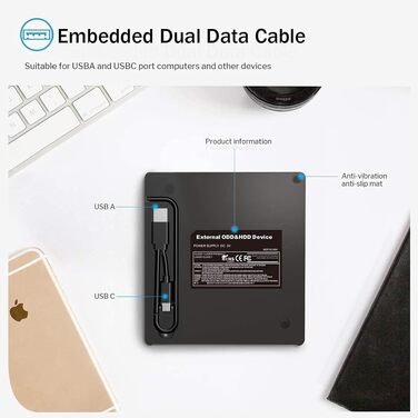 Зовнішній DVD-записувач ORIGBELIE 6 в 1, USB 3.0 CD/DVD ROM +/-RW привід для ноутбука, ПК, Mac OS, Windows 11/10/8/7, Linux