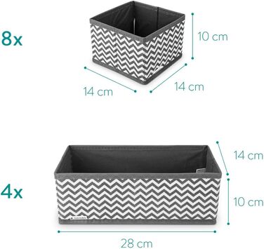 Navaris Storage Boxes Organizer Organization System Fabric Boxes - 12 Pieces in Various Sizes - for Wardrobe and Drawers - Foldable (Gray - White)