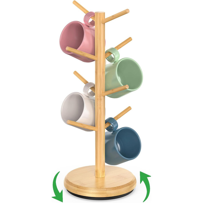BAMBANG Bamboo Coffee Mug Tree, Swivel Coffee Mug Holder for Countertop, Coffee Mug Shelf with 8 Hooks, Coffee Mug Organizer, Mug Stand Hanger for Coffee Bar, (Natural)