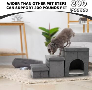 Сходинки для собак на 3 сходинки, 44 см, з місцем для зберігання. Підходить для маленьких собак та котів, зручні для літніх тварин (сірий)
