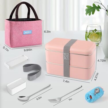 HOLIPOT Ланчбокс Bento Box з роздільниками, 2 рівні, з нержавіючої сталі та PP, з виделкою-ложкою, сумка, для дітей та дорослих (Рожевий)