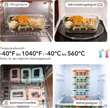Скляні контейнери для зберігання їжі з кришками набір (meal prep) - герметичні, для мікрохвильовки, духовки, морозилки та посудомийної машини, для сім'ї, офісу, кухні, кольорові