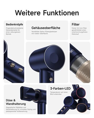Фен Laifen з магнітною насадкою, 200 млн негативних іонів, 110 000 об/хв, швидке сушіння, Swift Premium, кобальтово-синій