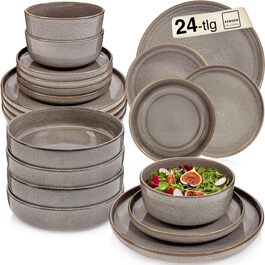 Набір посуду SÄNGER Kairo Graphit 24 елементи: 6 тарілок для їжі, 6 тарілок для десерту, 6 мисок для пасти, 6 мисок, керамічний посуд для 6 осіб, мока-коричневий колір