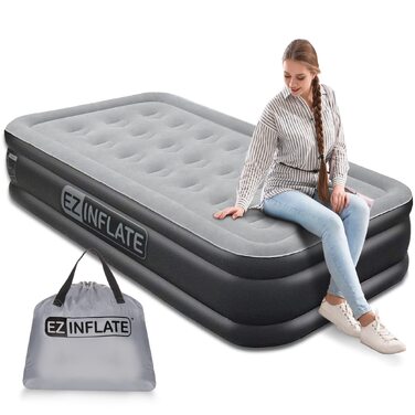 Повітряний матрац EZ INFLATE з вбудованим насосом, розкішне надувне ліжко Twin для дому, кемпінгу та подорожей, чорно-сірий