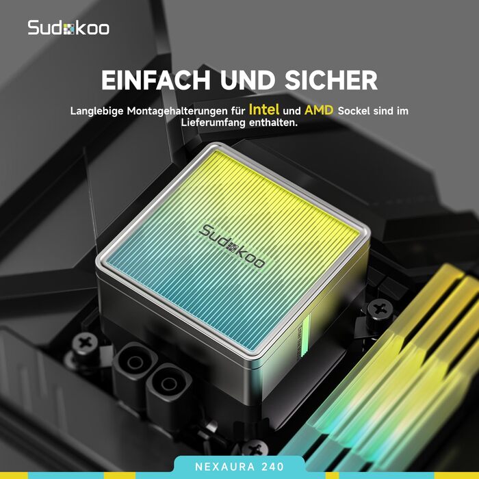 Система водяного охолодження CPU Sudokoo NEXAURA 240: AIO 360мм з 3 вентиляторами PWM, RGB, тиха насос 2500-3600 RPM, підтримка Intel LGA 1851/1700/1200/115X, AMD AM5/AM4, потужність до 300W
