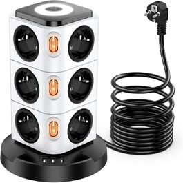 Багаторозетка Acodot Tower з USB, 12 розеток, захист від перенапруги, 4 вимикачі, нічник, 3 USB порти, кабель 3м, 2500W, для офісу, білий