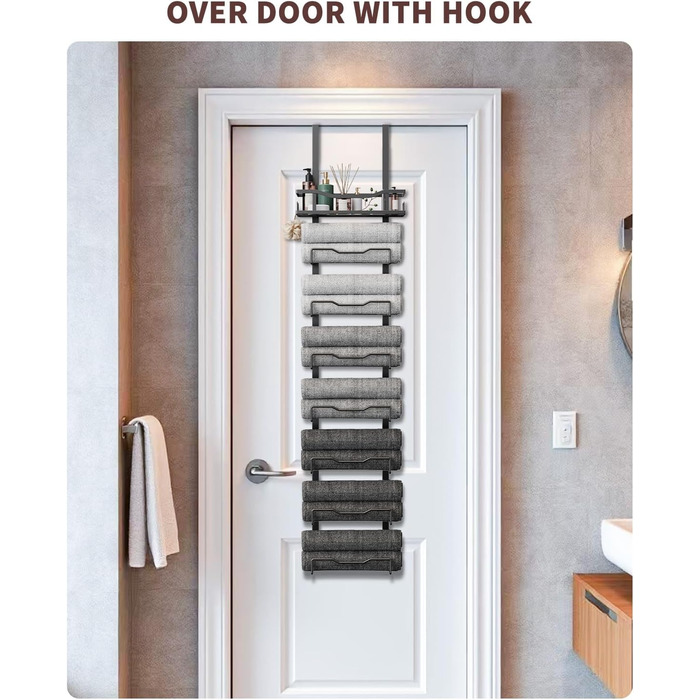 Настінний тримач для рушників у ванну кімнату, без свердління, 6-ярусна полиця для рушників над дверима, багаторівневий органайзер для рушників на двері, для складання (Чорний, 8 ярусів)