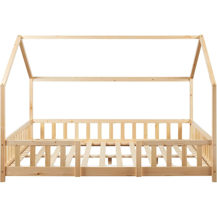 en.casa Kids Bed Sisimiut House Bed 140 x 200 cm with Side Rails Wooden Bed for Children Floor Bed Slatted Frame Pine Wood Wood Finish Wood 140x200cm