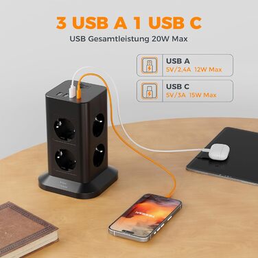 Багатофункціональна мережева розетка TESSAN з 8 розеток, 2 USB-C, захистом від перенапруги, вимикачем та кабелем 2м (3600W)