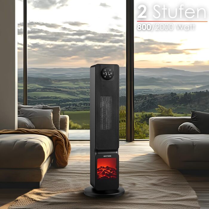 Electric Heater with Fireplace Illusion, Energy-Saving, Oscillating, Overheat Protection, 2000 Watts, 2 Levels, Controllable via Smartphone with Tuya App, Heater, Quiet Mobile Heater, Electric Heater, Mini Heater