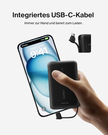 Повербанк Belkin BoostCharge 10000mAh 20W з вбудованим кабелем USB-C, LED-індикатором, чорний