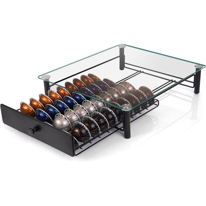 Висувна шухляда для капсул Nespresso Vertuo: органайзер на 40 капсул VertuoLine (1,35/2,7 л) - з безпечного скла, сумісна з Vertuo Next & Plus, розмір 37,5 x 33 x 8,9 см