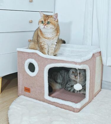 Spindro Cat Cave Cat Bed Large, Cat House Indoor Cat Sleeping Place with Removable Sherpa Cat Cushion and Hanging Toy, Cat Bed, Light Grey 42x42x33cm (2 level (42cmx42cmx33cm), Pink)