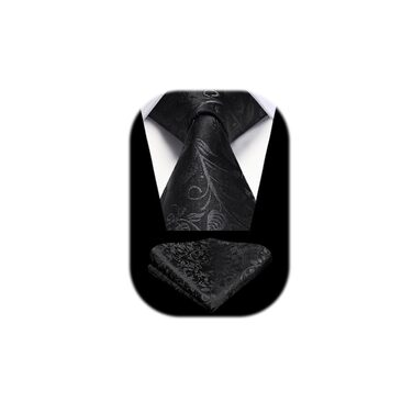 Краватка для чоловіків HISDERN, комплект з кишеньковим хустиною, патерн Paisley, чорна