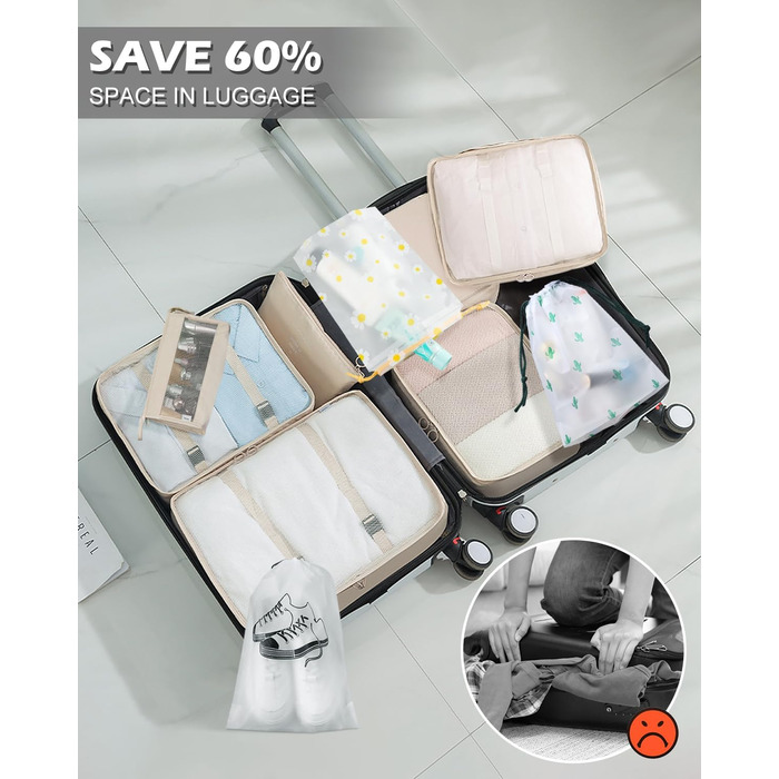 Набір органайзерів для валізи 18 шт., водонепроникні Packing Cubes, бежевий. Організатори для подорожей з чохлами для одягу