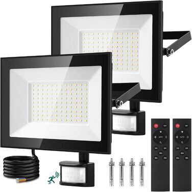 Viugreum 2Pack LED Flood Lights Outdoor with Motion Sensor 15000LM Outdoor Light Cold White Spotlight with Remote Control Floodlight Outdoor Spotlight IP67 Waterproof Floodlight with 2 Screws for Garden (100w, 2PCS)
