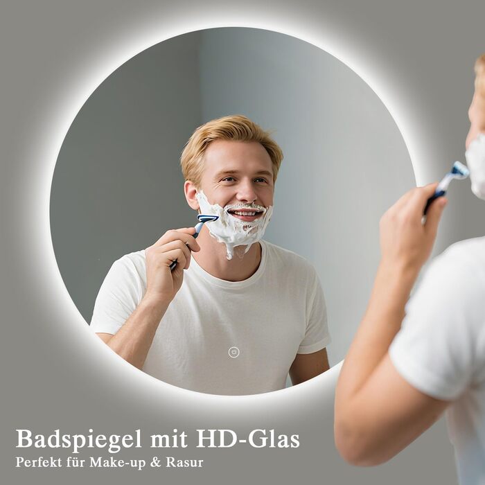 Дзеркало для ванної кімнати з підсвічуванням LED, антизапотівання, сенсорне управління, регулювання яскравості, 3 кольори світла, функція пам'яті, захист від вибуху, кругле дзеркало 50 см (діаметр), 60x60 см (розміри)