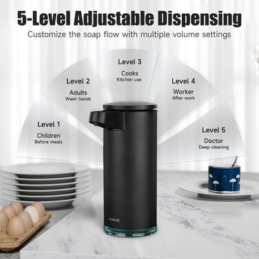 AIKE 380ml Automatic Touchless Soap Dispenser, USB Rechargeable, Matte Black Stainless Steel Soap Dispenser for Bathroom & Kitchen, Model AK1333S