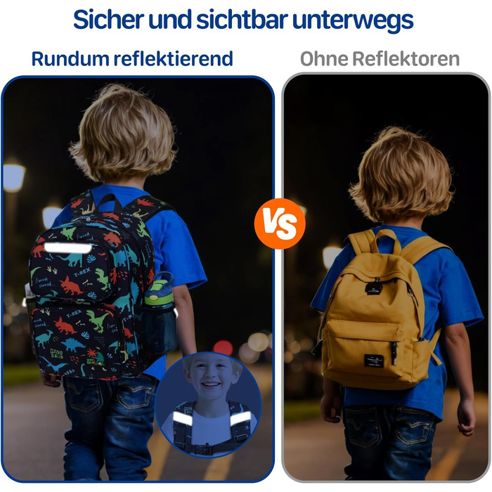 Дитячий рюкзак Bagseri для дівчаток 15L, легкий рюкзак для школи, дитячий сад та 1-2 класи, з нагрудним ременем та ізотермічним відділенням, формат DIN A4, з світловідбиваючими елементами (чорний динозавр)