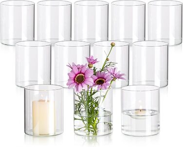 Скляна циліндрична ваза Glasseam для декору столу, прозора, сучасна, комплект 12 шт, 10×8,5 см, вази для квітів, свічники, для вітальні та весільного оформлення