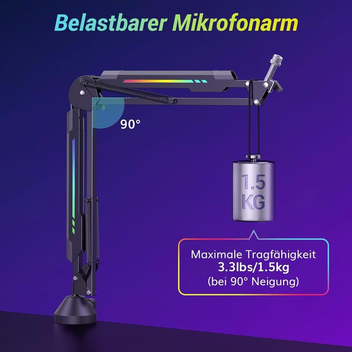 Кріплення для мікрофона TONOR T90 з RGB підсвічуванням, регульоване через APP, 11 режимів світла, сумісне з усіма мікрофонами