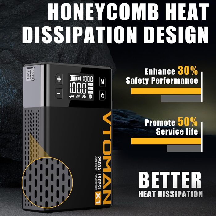 VTOMAN X1 Портативний пусковий пристрій з повітряним компресором, 2500A, акумуляторний, для автомобілів з бензиновими (до 8,5 л) та дизельними (до 6 л) двигунами, цифровий надувний насос 150 PSI, 12V, зарядний пристрій
