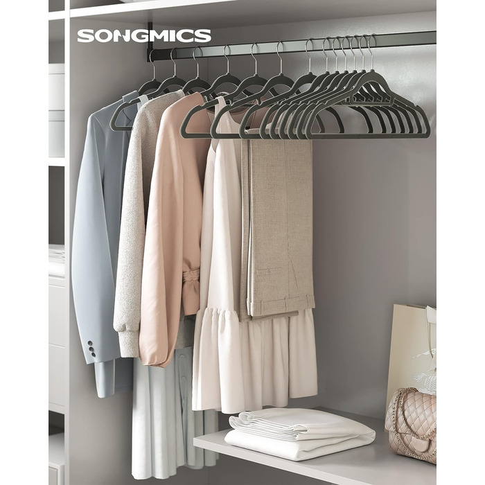 Плечики SONGMICS для одягу, 20 шт., велюрові, нековзні, для краваток, 360° обертання, 0,6 см, економія місця, 43,5 см, для пальто, штанів, срійно-сірий
