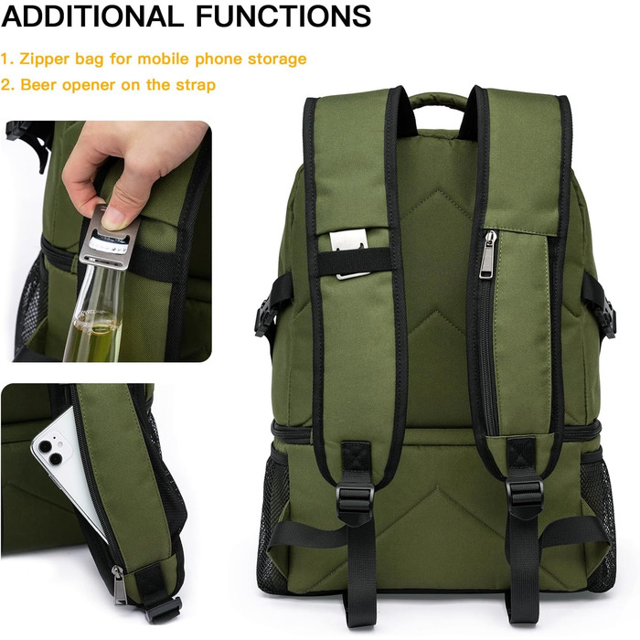 28L Insulated Cooler Backpack - Double Layer Small Thermal Backpack for Camping, Picnic, Travel (Green)