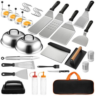 Набір шпателів для грилю з нержавіючої сталі (35 шт.) - набір для тепаньякі, сет для смаш-бургерів, з пресом для бургерів та аксесуарами для планчі, для грилю, пікніка, кемпінгу