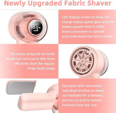 Електричний видалення пілінгу для одягу - портативний збриювач для одягу з 3 швидкостями, 6 лез, LED дисплеєм, рожевий