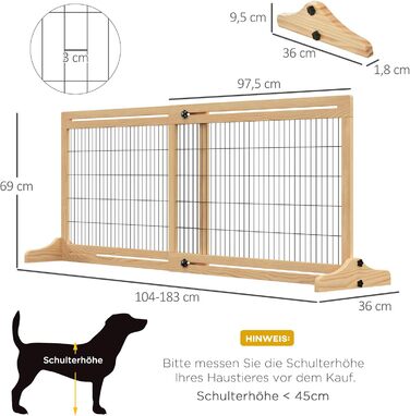 PawHut Wooden Pet Gate - Extendable Dog Barrier with Footrest, Freestanding Safety Gate for Stairs, Fireplace, Oven - 104-183 x 36 x 69 cm