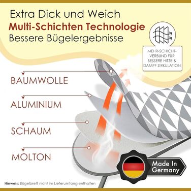 Покриття для прасувальної дошки arteneur® Made in Germany, 120x40 см, відбиває тепло, гумка, зона ковзання, OEKOTEX100, 4 розміри, для парогенератора та праски