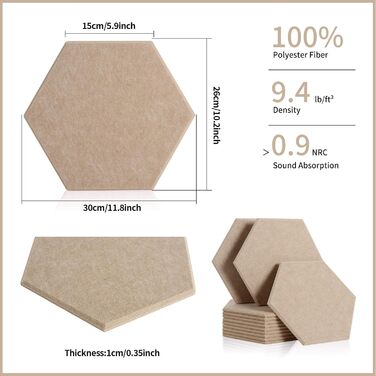 Акустичні панелі Rdutuok гексагон 30x26x1 см, шумопоглинаючі стінові панелі для студії, офісу та декору, 12 шт. (темно-верблюжий)