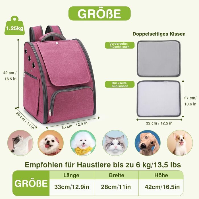 Рюкзак для котів та собак ALLSOPETS, складний, дихаючий, з сонцезахистом, для маленьких котів та собак, ідеальний для подорожей, кемпінгу та піших прогулянок (Беerenроже)
