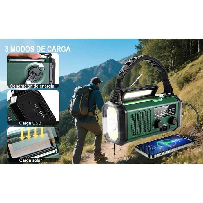 Радіостанція на сонячній енергії з живленням від ручки 20000 mAh з SOS-сигналом, FM/AM, ліхтарик, компас, для кемпінгу та надзвичайних ситуацій (зелене)