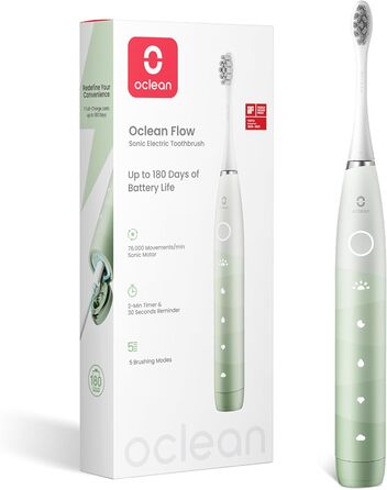 Oclean Flow - електрична звукова зубна щітка, 180 днів роботи від акумулятора, 5 режимів, IPX7, таймер 2 хв, зелена
