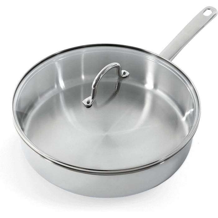 Сковорода BK Bright з нержавіючої сталі з охолоджувальною ручкою, професійне приготування їжі, 18/10 нержавіюча сталь, індукційна плита, термостійка до 230°C, безпечна для запікання, придатна для миття в посудомийній машині, срібна, 28 см